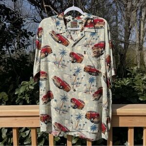Men's PINEAPPLE CONNECTION Short Sleeve Red Surf Wagon Print Camp Tiki Shirt M